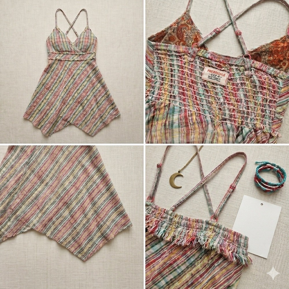 VTG Free People Madras Plaid Babydoll Dress Y2K Smocked Boho Size 4 RARE - Picture 10 of 10